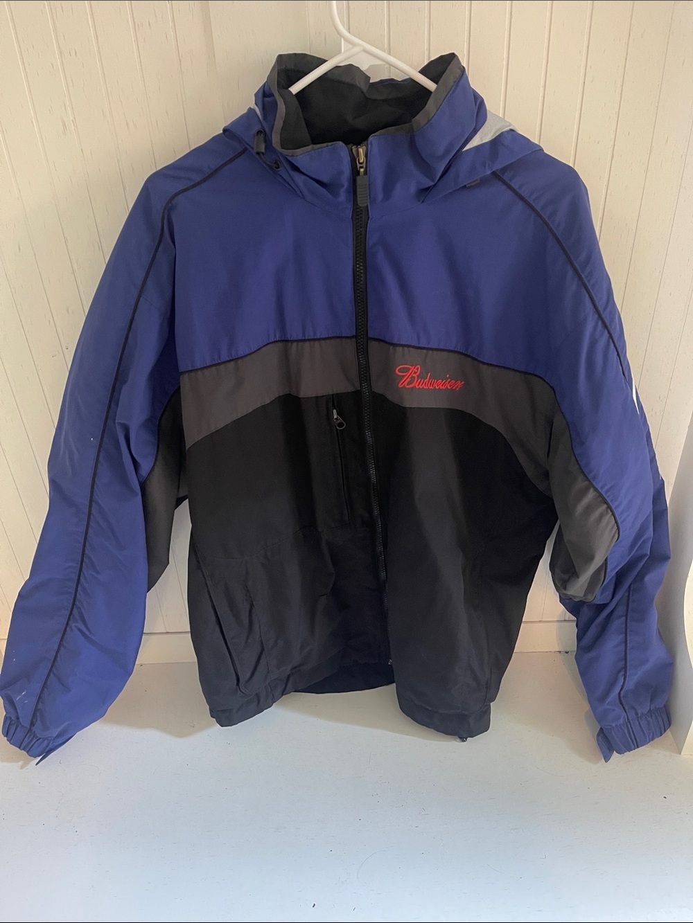 Budweiser Blue, Black and Gray Hooded Windbreaker
